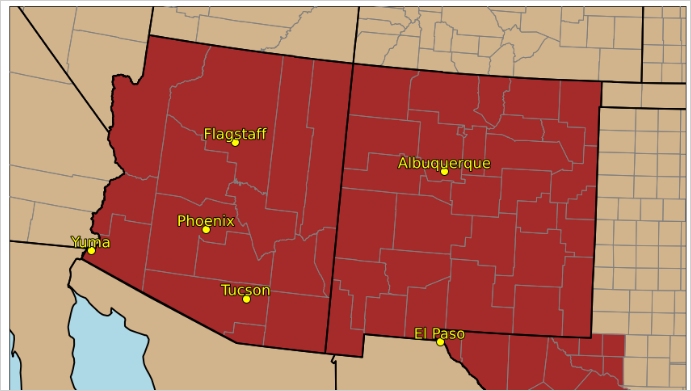 Map of Arizona and New Mexico showing major cities that links to the 2021 monsoon review across the southwest U.S.