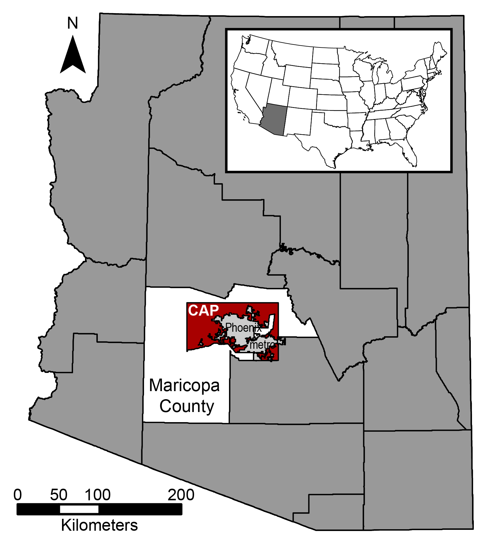 Map of Arizona with insets of US map showing Arizona and Maicopa County highlighted showing the CAP LTER study area.