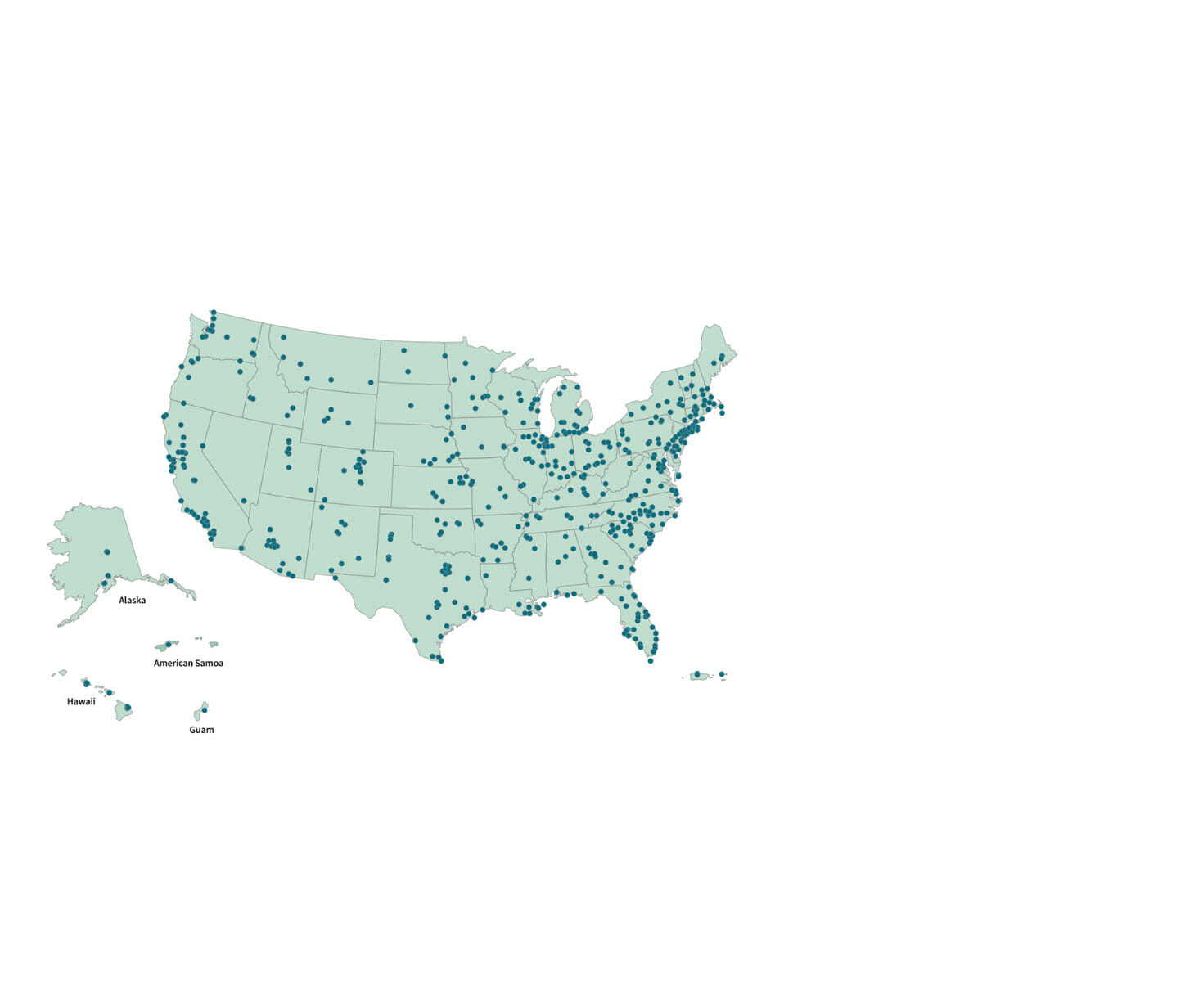 The USA map with blue dots