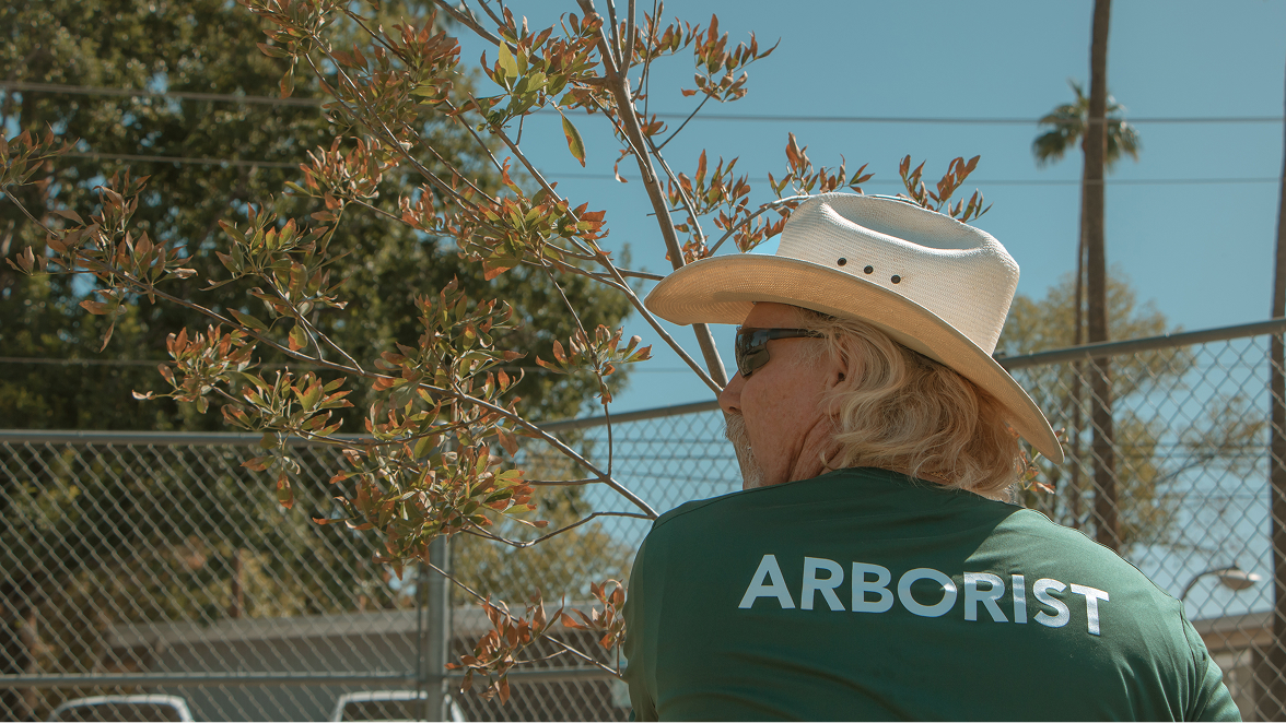 Man wearing cowboy hat, sunglasses and a shirt with ABORIST printed on it, standing by a fence and trees.