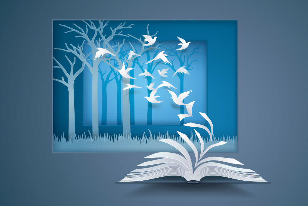 Open book illustration with pages flying out and becoming birds