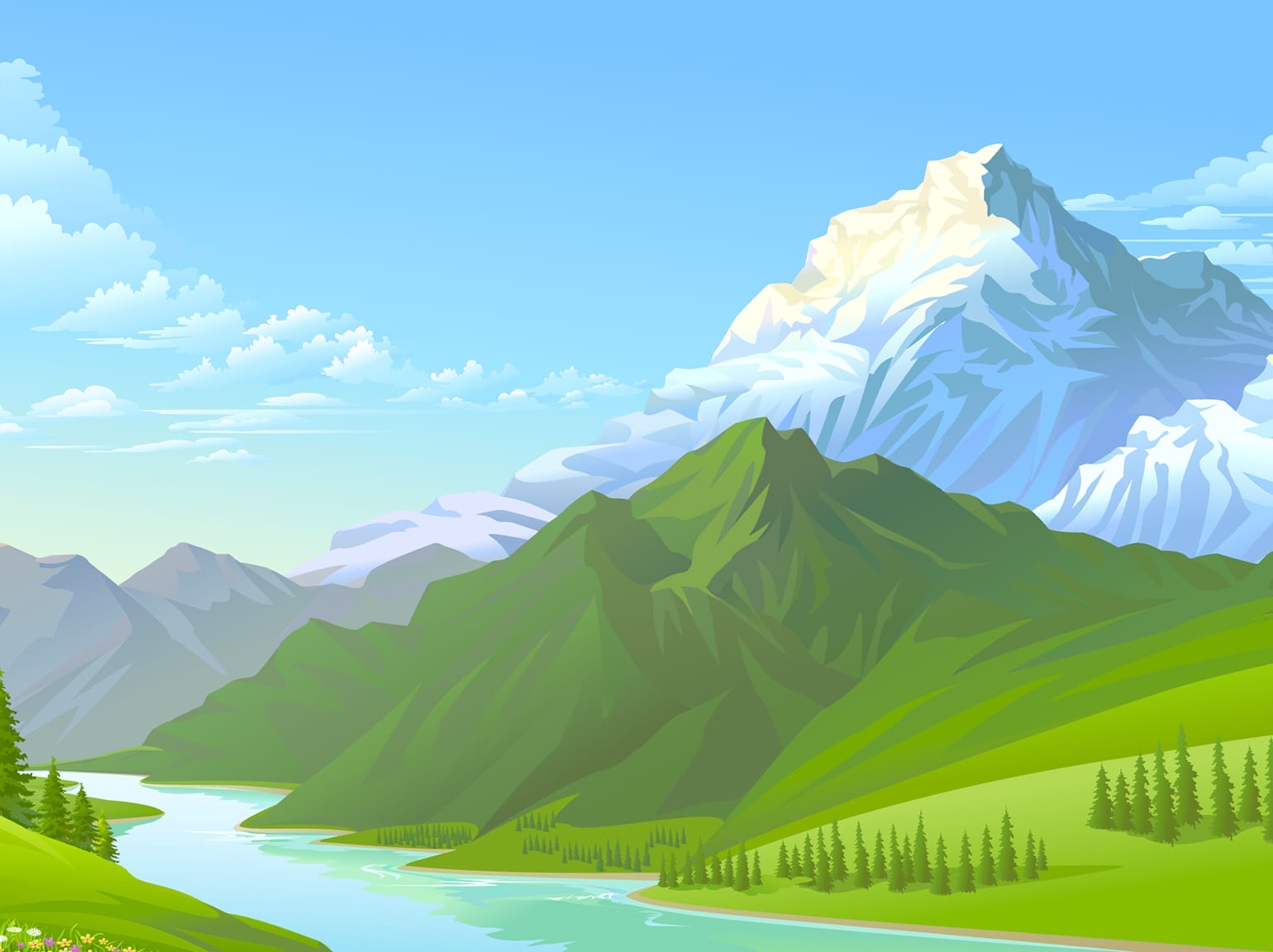 Artist rendering of snow-capped mountain with river in foreground