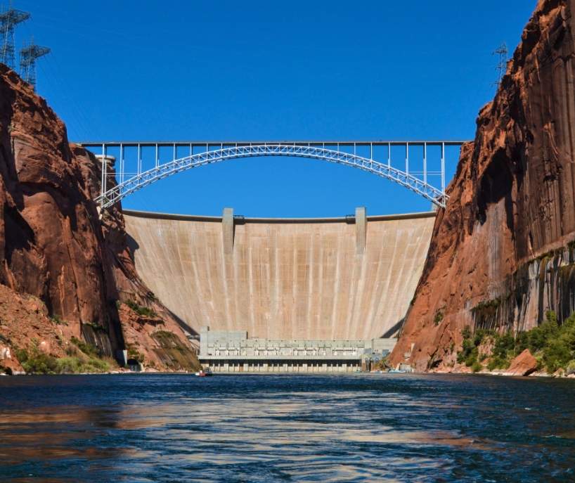 The Hoover Dam as seen from within the Colorado River.