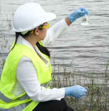 A researcher in a yellow reflective vest and hard hat examining a test tube on a lakeshore.