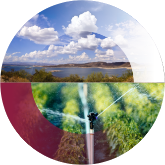 Circular graphics depicting farmland, close-ups of sprinklers and both natural and man-made lakes.