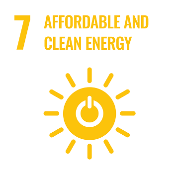 Icon for Affordable and Clean Energy SDG of sun with a power symbol within it.