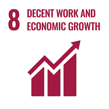 Icon for Decent Work and Economic Growth SDG of a bar chart with upward growth arrow.