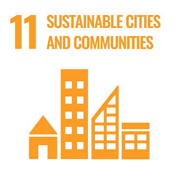 Icon for Sustainable Cities and Communities SDG showing a cityscape.