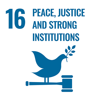 Icon for Peace. Justice and Strong Institutions SDG showing dove holding an olive branch sitting on a gavel